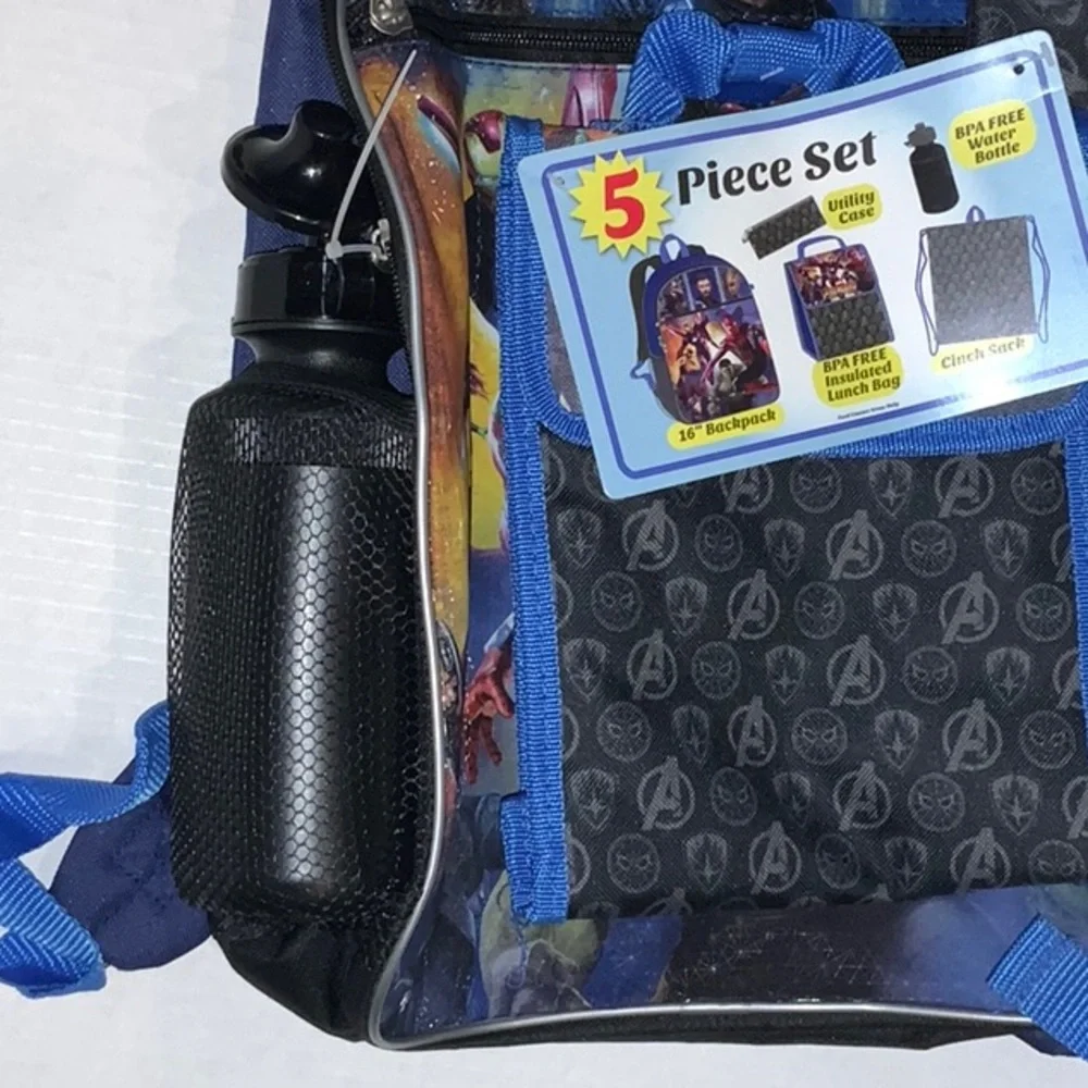 NWT Marvel Avengers Boys Backpack Lunch-bag Water Bottle Cinch Sack Set